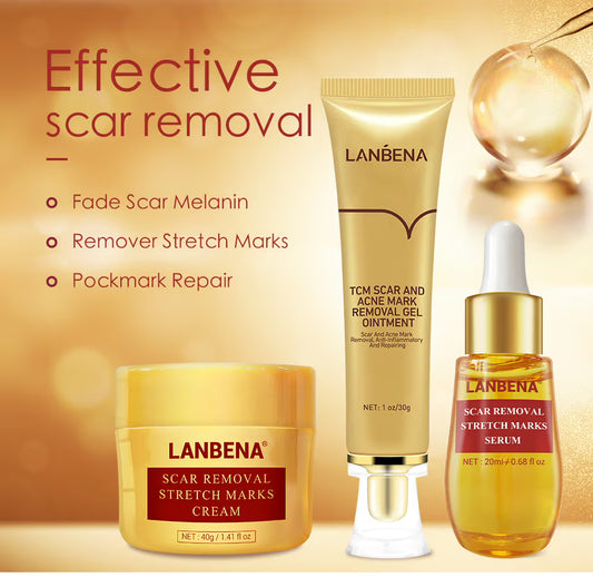 Crema, gel, ulei-ser LANBENA set pentru îndepărtarea cicatricilor, pentru vergeturi, urme de acnee, cu efect antiinflamator și regenerator