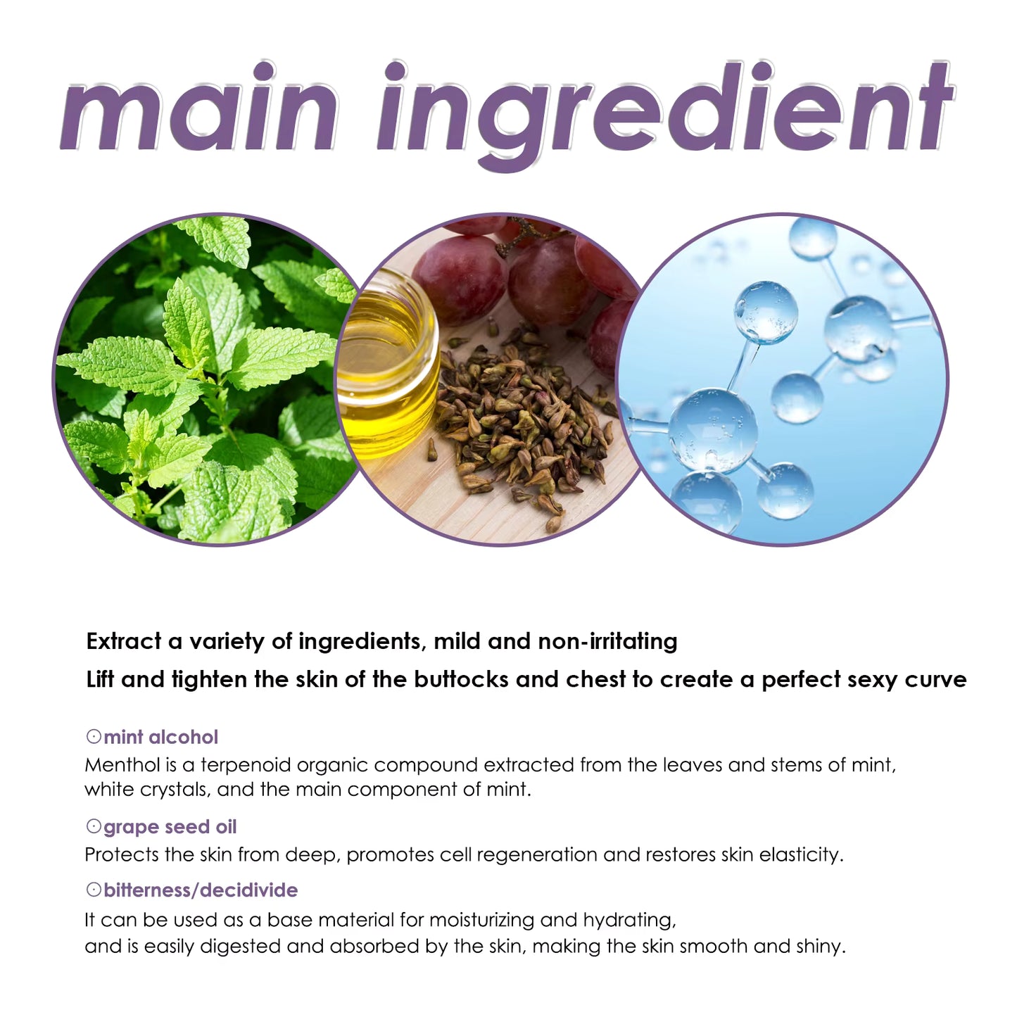 Ulei, Ser, Gel, Crema naturală, pe bază de plante, vegană, puternic eficientă, pentru mărirea și fermitatea feselor