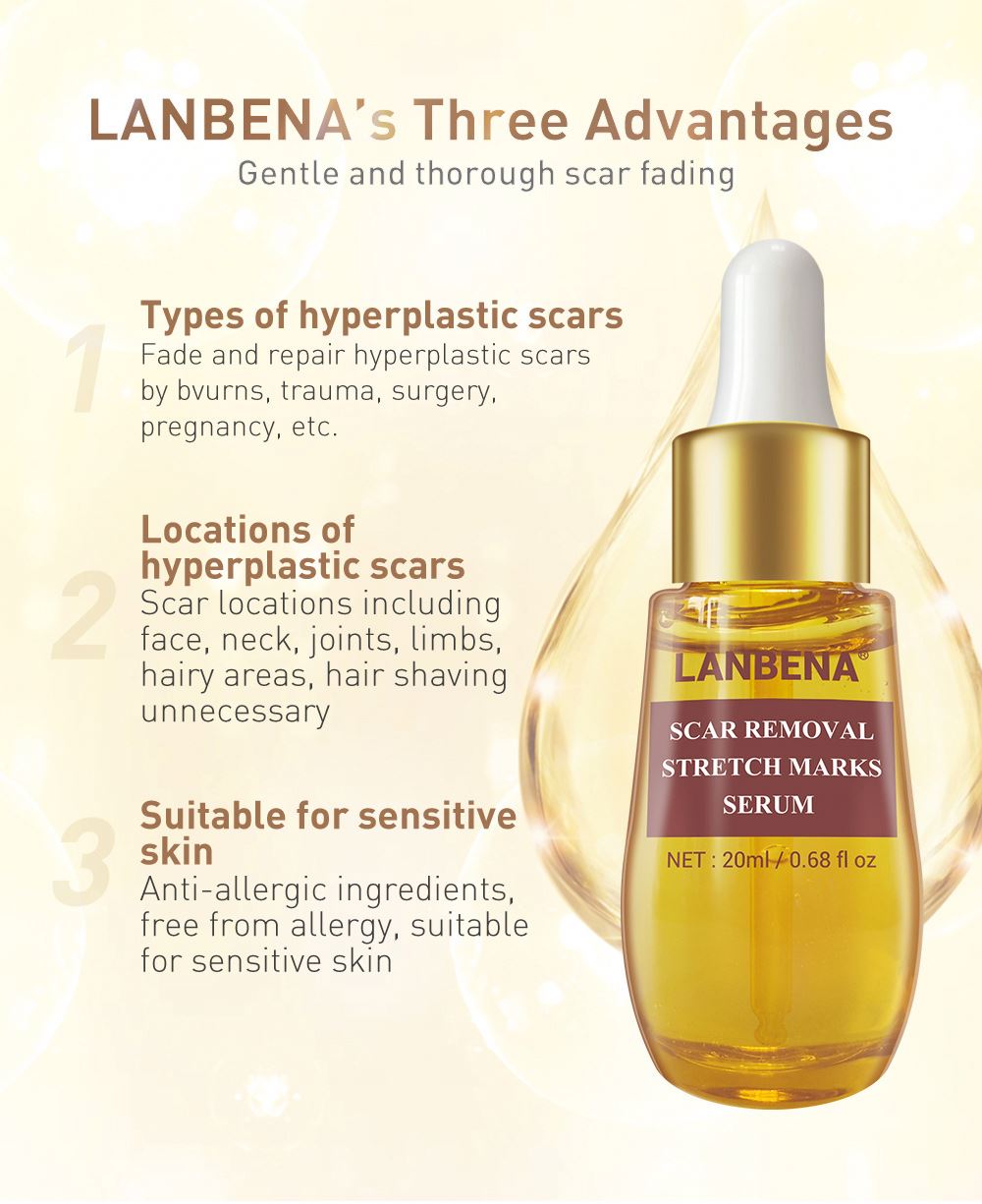 Crema, gel, ulei-ser LANBENA set pentru îndepărtarea cicatricilor, pentru vergeturi, urme de acnee, cu efect antiinflamator și regenerator