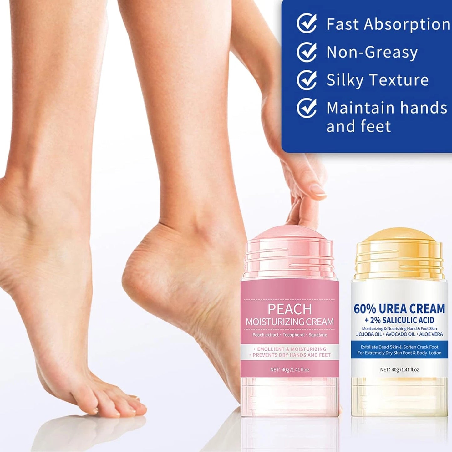 Set stick de 2 bucăți cremă pentru picioare cu aromă de piersică și 60% uree, Cremă hidratantă pentru coate, picioare, Repară pielea uscată, Mâini, Călcâie, Coate și Genunchi, Înmoaie, Hidratează și Hrănește Îngrijirea picioarelor pentru femei și bărbați
