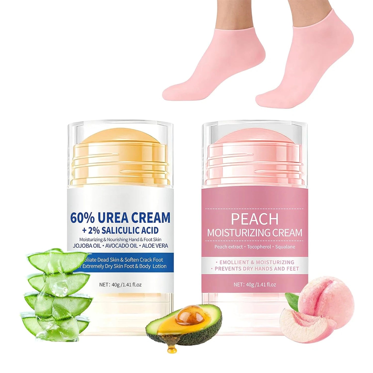 Set stick de 2 bucăți cremă pentru picioare cu aromă de piersică și 60% uree, Cremă hidratantă pentru coate, picioare, Repară pielea uscată, Mâini, Călcâie, Coate și Genunchi, Înmoaie, Hidratează și Hrănește Îngrijirea picioarelor pentru femei și bărbați